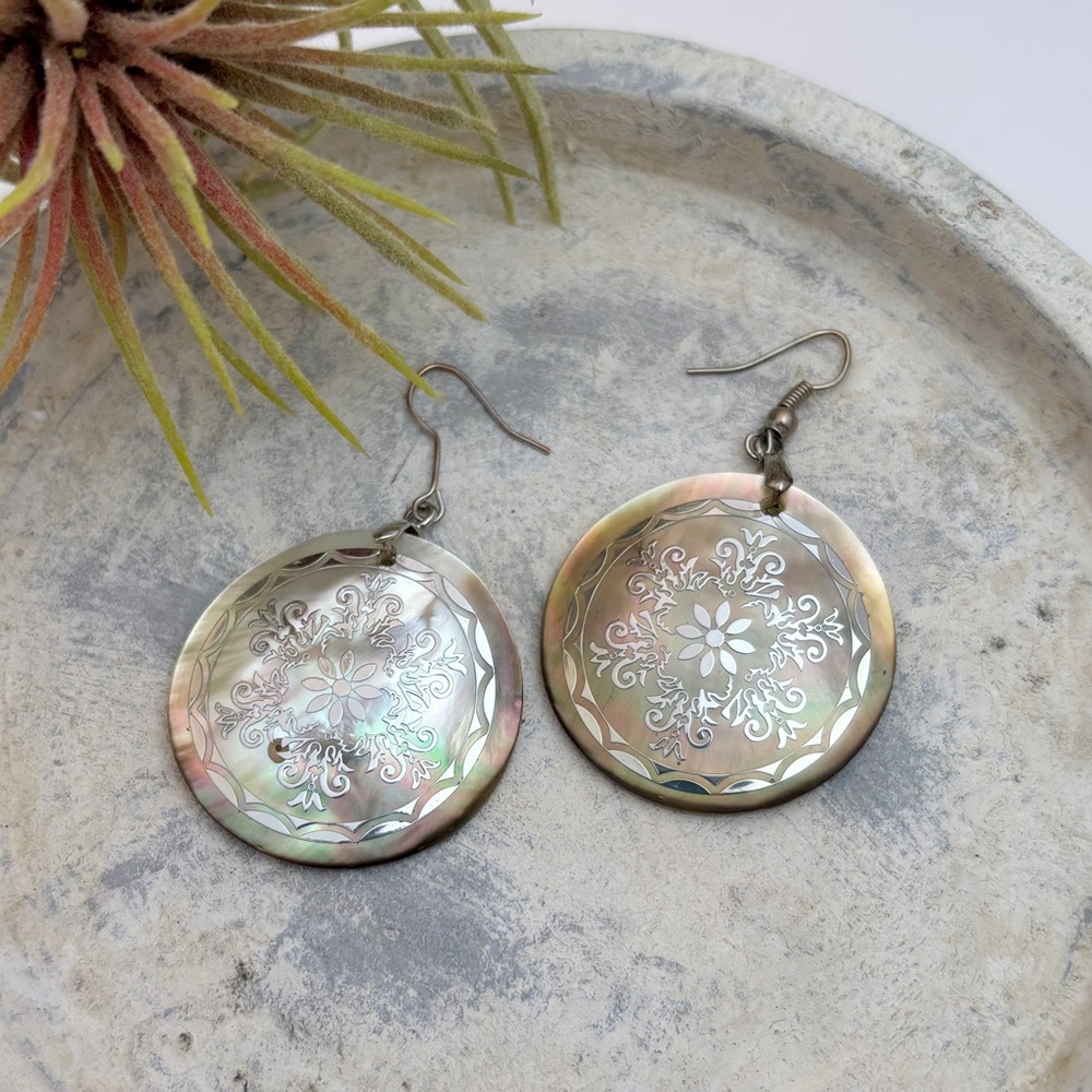Gorgeous Mother Of Pearl Abalone Shell Floral Dangle Earrings